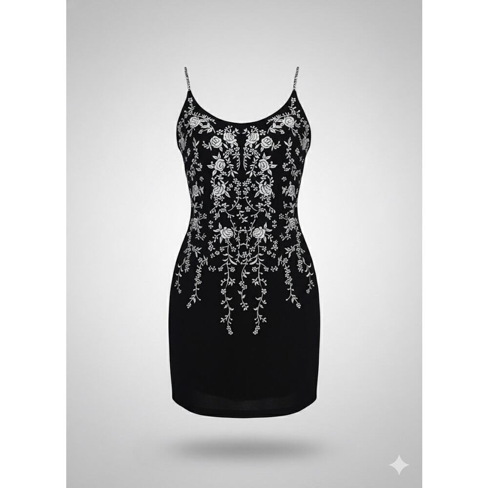 Maggy London Black Beaded Strap Floral Embroidered Cocktail Dress | Size 10